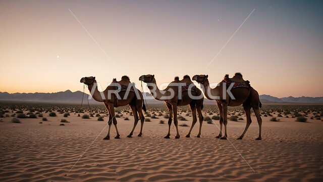 Sand dunes and hills in the deserts of Saudi Arabia, interest in caring for wild animals in the desert, a herd of camels walking on the soft golden sands of the desert, raising camels and female camels in a nature reserve in the desert areas