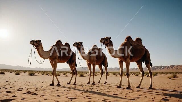 تشكل التلال والكثبان الرملية في صحاري المملكة العربية السعودية، الاهتمام برعاية الحيوانات البرية في البادية، قطيع من الابل يمشي على الرمال الذهبية الناعمة في الصحراء، تربية الجمال والناقات في محمية طبيعية بالمناطق الصحراوية