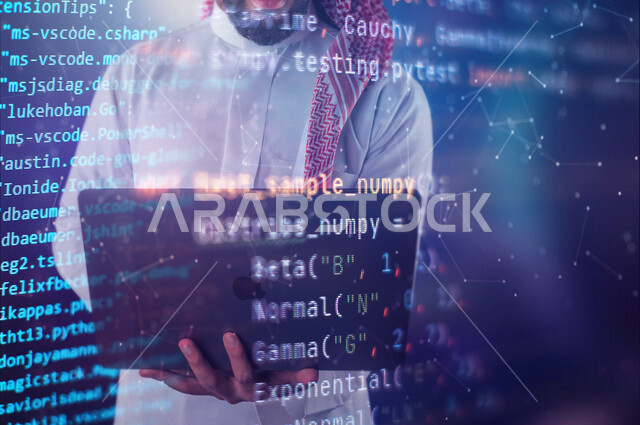 شاب سعودي خليجي يعمل في وظيفة مطور ويب، استخدام لغات البرمجة، تطوير وبناء المواقع والتطبيقات الالكترونية، اكواد وخوارزميات، تقنيات وحاسوب