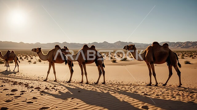 تشكل التلال والكثبان الرملية في صحاري المملكة العربية السعودية، الاهتمام برعاية الحيوانات البرية في البادية، قطيع من الابل يمشي على الرمال الذهبية الناعمة في الصحراء، تربية الجمال والناقات في محمية طبيعية بالمناطق الصحراوية