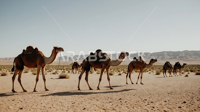 تشكل التلال والكثبان الرملية في صحاري المملكة العربية السعودية، الاهتمام برعاية الحيوانات البرية في البادية، قطيع من الابل يمشي على الرمال الذهبية الناعمة في الصحراء، تربية الجمال والناقات في محمية طبيعية بالمناطق الصحراوية