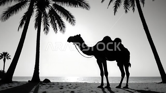 The use of animals for transportation and travel, interest in afforestation and care for mammals, soft golden sand, a silhouette of a black and white camel standing in one of the reserves at night in the Kingdom of Saudi Arabia, the concept of raising camels in the desert.