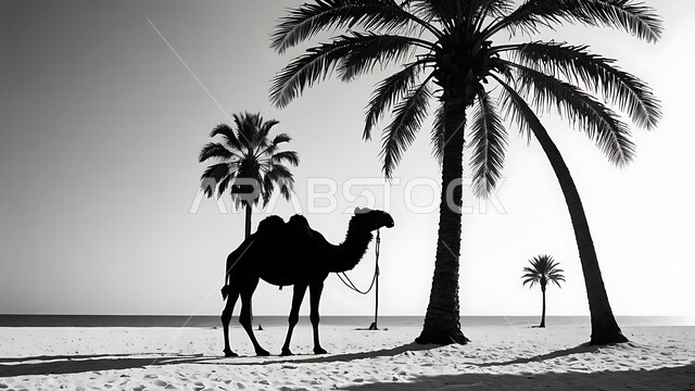 استخدام الحيوانات للتنقل والترحال, الاهتمام بالتشجير والعناية في الثدييات, الرمال الذهبية الناعمة، صورة ظلية بالابيض والاسود  لحيوان الابل يقف في احدى المحميات ليلا في المملكة العربية السعودية، مفهوم تربية الناقة في البادية