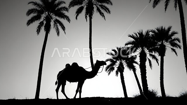 استخدام الحيوانات للتنقل والترحال, الاهتمام بالتشجير والعناية في الثدييات, الرمال الذهبية الناعمة، لقطة ظلية لحيوان الابل باللون الابيض والاسود يقف في احدى المحميات ليلا في المملكة العربية السعودية، مفهوم تربية الناقة في البادية