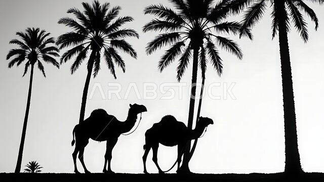 استخدام الحيوانات للتنقل والترحال, الاهتمام بالتشجير والعناية في الثدييات, الرمال الذهبية الناعمة، لقطة ظلية لحيوان الابل باللون الابيض والاسود يقف في احدى المحميات ليلا في المملكة العربية السعودية، مفهوم تربية الناقة في البادية