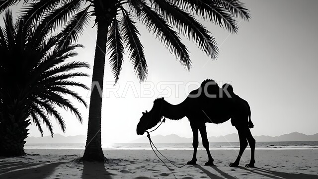 The use of animals for transportation and travel, interest in afforestation and care for mammals, soft golden sand, a silhouette of a black and white camel standing in one of the reserves at night in the Kingdom of Saudi Arabia, the concept of raising camels in the desert.