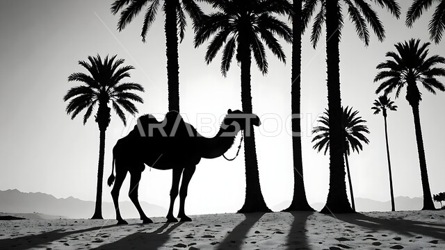 The use of animals for transportation and travel, interest in afforestation and care for mammals, soft golden sand, a silhouette of a black and white camel standing in one of the reserves at night in the Kingdom of Saudi Arabia, the concept of raising camels in the desert.