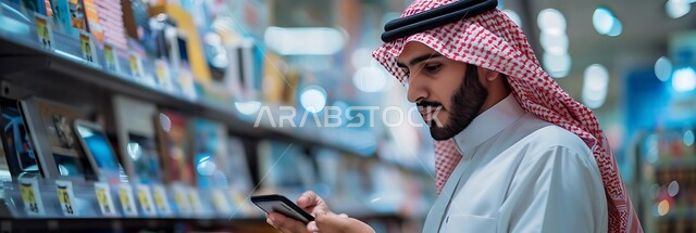 اسواق ومحلات بيع الاجهزة الذكية، رفوف مليئة بالهواتف المحمولة، استخدام الاجهزة التقنية الحديثة، رجل عربي خليجي سعودي يرتدي الثوب التقليدي  والشماغ يختار جوال، وشراء معدات التواصل الاسلكية