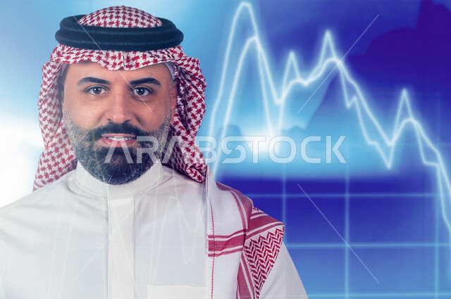 A close-up of a Saudi Arabian Gulf man standing in front of the stock exchange screen, graphs, the rise and fall of the financial stock exchange, financial and economic investment, commercial electronic business, advanced technologies