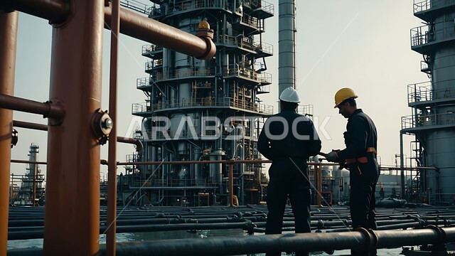 جودة معامل ومعدات إنتاج النفط,  الاشراف على تكرير النفط في المملكة العربية السعودية, مشاريع صناعية بتروكيماوية، صورة من الخلف  لمهندسان عربيان خليجيان سعوديان يرتدان السترة خوذة الحماية, متابعة سير أعمال المصنع