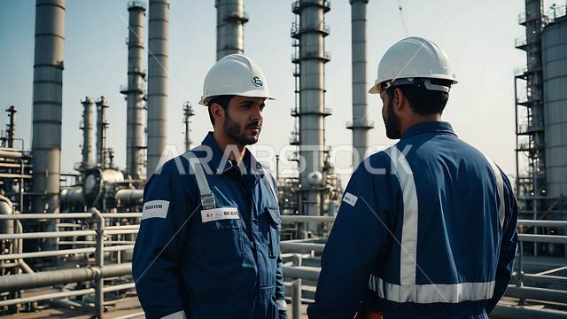 جودة معامل ومعدات إنتاج النفط,  الاشراف على تكرير النفط في المملكة العربية السعودية, مشاريع صناعية بتروكيماوية، صورة من الخلف  لمهندسان عربيان خليجيان سعوديان يرتدان السترة خوذة الحماية, متابعة سير أعمال المصنع