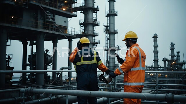 جودة معامل ومعدات إنتاج النفط,  الاشراف على تكرير النفط في المملكة العربية السعودية, مشاريع صناعية بتروكيماوية، صورة من الخلف  لمهندسان عربيان خليجيان سعوديان يرتدان السترة خوذة الحماية, متابعة سير أعمال المصنع
