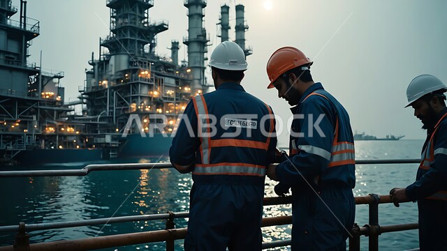 جودة معامل ومعدات إنتاج النفط,  الاشراف على تكرير النفط في المملكة العربية السعودية, مشاريع صناعية بتروكيماوية، صورة من الخلف  لمهندسان عربيان خليجيان سعوديان يرتدان السترة خوذة الحماية, متابعة سير أعمال المصنع