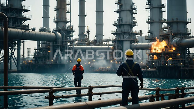 جودة معامل ومعدات إنتاج النفط,  الاشراف على تكرير النفط في المملكة العربية السعودية, مشاريع صناعية بتروكيماوية، صورة  لمهندسان عربيان خليجيان سعوديان يرتدان خوذة الحماية, متابعة سير أعمال المصنع