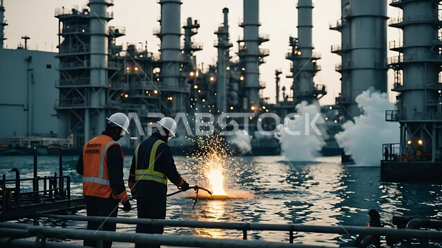 جودة معامل ومعدات إنتاج النفط,  الاشراف على تكرير النفط في المملكة العربية السعودية, مشاريع صناعية بتروكيماوية، صورة  لمهندسان عربيان خليجيان سعوديان يرتدان خوذة الحماية, متابعة سير أعمال المصنع