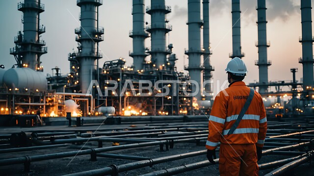 Following up on the progress of the factory’s work, the quality of oil production laboratories and equipment, supervising oil refining in the Kingdom of Saudi Arabia, petrochemical industrial projects, a picture from the back of a Saudi Gulf Arab engineer wearing a protective jacket and helmet