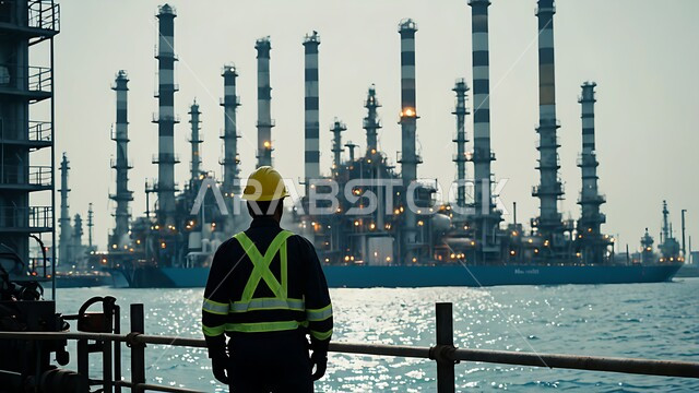 متابعة سير أعمال المصنع, جودة معامل ومعدات إنتاج النفط,  الاشراف على تكرير النفط في المملكة العربية السعودية, مشاريع صناعية بتروكيماوية، صورة من الخلف لمهندس عربي خليجي سعودي يرتدي السترة وخوذة الحماية