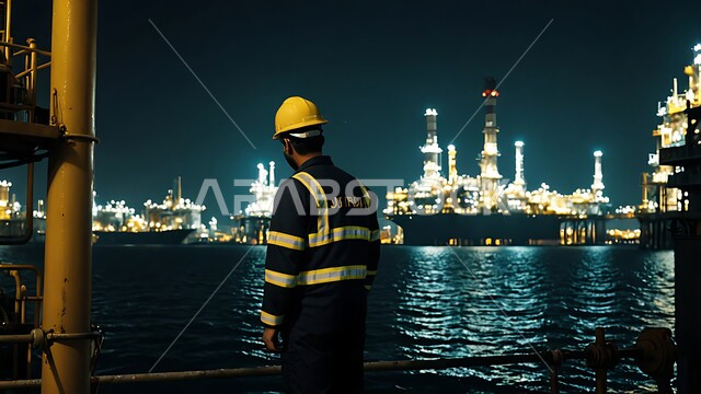 متابعة سير أعمال المصنع, جودة معامل ومعدات إنتاج النفط,  الاشراف على تكرير النفط في المملكة العربية السعودية, مشاريع صناعية بتروكيماوية، صورة من الخلف لمهندس عربي خليجي سعودي يرتدي السترة وخوذة الحماية