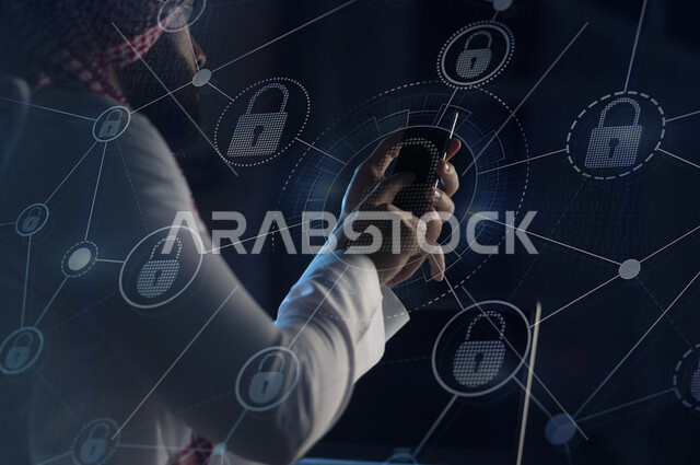 صورة مقربة لرجل عربي خليجي سعودي يمسك جوال حديث بيده و يضغط بأصبعه، خروج مجموعة من الأيقونات الخاصة بالدخول الامن، مجموعة من الأيقونات المتطايرة المضيئة بتقنية الهولوجرام ثلاثية الأبعاد