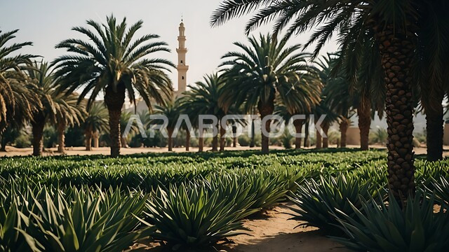 Fruitful palm tree fields in Saudi Arabia, date production farms, local crops and products, fertile agricultural lands and nature reserves, interest in afforestation and agriculture, soft golden sands