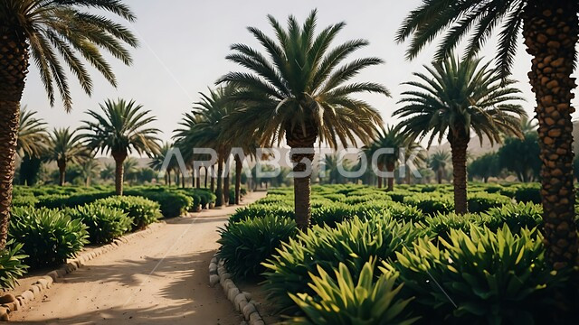   حقول أشجار النخيل المثمرة في المملكة العربية السعودية، مزارع إنتاج التمور، محاصيل ومنتجات وطنية محلية، الأراضي الزراعية و المحميات الطبيعية الخصبة، الاهتمام بالتشجير والزراعة، الرمال الذهبية الناعمة