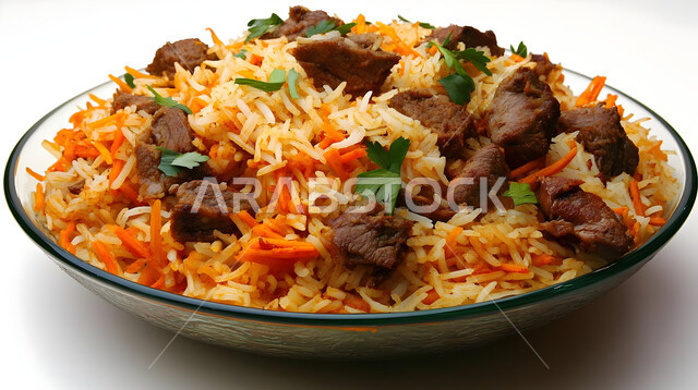 طبق من أرز الكبسة مع قطع اللحم المزين والخضروات، ولائم وأطباق عربية تقليدية شعبية، وصفات المأكولات والوجبات الشرقية الشهية، مطابخ ومطاعم المملكة العربية السعودية، صحن من البرياني باللحم الدسم، خلفية بيضاء
