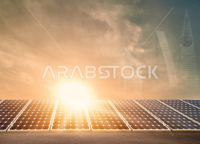 صورة للوحات لخلايا شمسية لتوليد الكهرباء مدموجة بنور متوهج بخاصية الهولوجرام ثلاثية الابعاد ، مفهوم استخدام الطاقة المتجددة ، مفهوم تكنولوجيا التنمية المستدامة بالطاقة البديلة