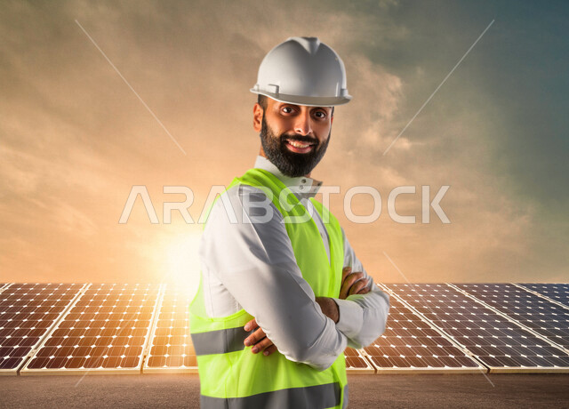 صورة لمهندس كهربائي عربي خليجي سعودي مبتسم ، يقف أمام لوحات للخلايا الشمسية لتوليد الكهرباء مدموجة بنور متوهج بخاصية الهولوجرام ثلاثية الابعاد ، ايماءات وتعابير وجه و يدين تدل على السعادة ، مفهوم استخدام الطاقة المتجددة ، مفهوم التكنولوجيا التنمية المستدا