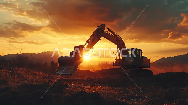 مفهوم الهندسة المعمارية والإنشاءات، جرافة كبيرة تعمل في الحفر ورفع الأنقاض والأتربة في موقع العمل، الاعتماد على الآلات والمعدات الثقيلة في أعمال البناء، مهن ووظائف هندسية صناعية في المملكة العربية السعودية، تحسين البنية التحتية لإقامة المباني والمشاريع الحديثة