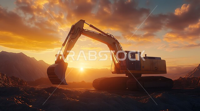 مفهوم الهندسة المعمارية والإنشاءات، جرافة كبيرة تعمل في الحفر ورفع الأنقاض والأتربة في موقع العمل، الاعتماد على الآلات والمعدات الثقيلة في أعمال البناء، مهن ووظائف هندسية صناعية في المملكة العربية السعودية، تحسين البنية التحتية لإقامة المباني والمشاريع الحديثة