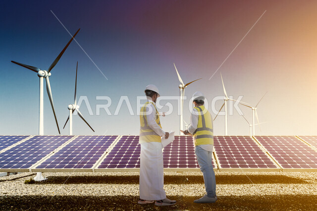 مهندسان كهربائيان عربيان خليجيان سعوديان يتناقشان في عمل الخلايا الشمسية في حقل لتوربينات الرياح ، انتاج الطاقة المتجددة الخضراء من طواحين الهواء