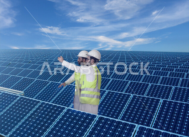 مهندسان كهربائيان عربيان خليجيان سعوديان يتفقدان تركيب الخلايا الشمسية على السطح ، استخدام الطاقة الشمسية لتوليد الكهرباء ، مفهوم استخدام الطاقة المتجددة ، مفهوم التنمية المستدامة بالطاقة البديلة