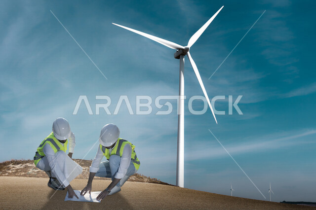 مهندسان كهربائيان عربيان خليجيان سعوديان يتناقشان في عمل الخلايا الشمسية في حقل لتوربينات الرياح ، انتاج الطاقة المتجددة الخضراء من طواحين الهواء