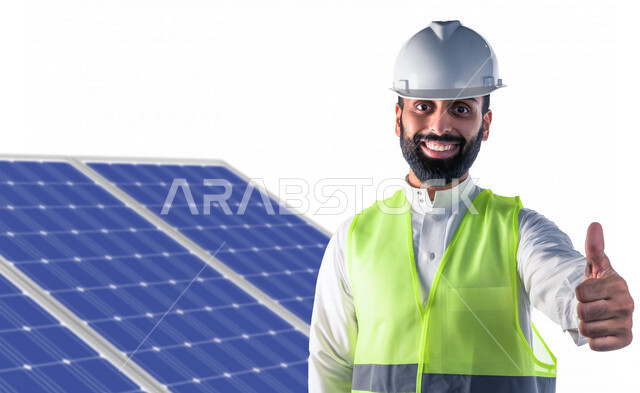 بورتريه لمهندس كهربائي عربي خليجي سعودي مبتسم يرفع اشارة الاعجاب بيده ، يقف أمام لوحات للخلايا الشمسية لتوليد الكهرباء ، ايماءات وتعابير تدل على السعادة ، مفهوم استخدام الطاقة المتجددة ، مفهوم التكنولوجيا التنمية المستدامة بالطاقة البديلة