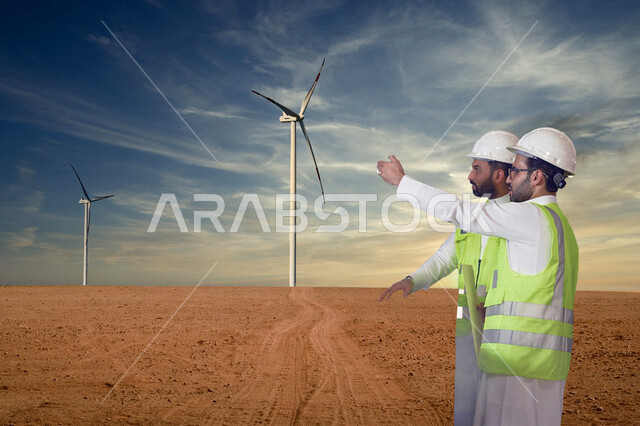 مهندسان كهربائيان عربيان خليجيان سعوديان يتناقشان في عمل الخلايا الشمسية في حقل لتوربينات الرياح ، انتاج الطاقة المتجددة الخضراء من طواحين الهواء
