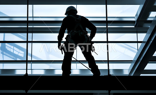 أعمال البناء والمقاولات والتطوير العقاري، إنشاء الأساسات والهياكل للمشروعات السكنية والمصانع، تشييد المباني والمشاريع الضخمة، مهن ووظائف هندسية، صورة ظلية من الخلف لمهندس عربي خليجي سعودي يعمل في موقع البناء، الإشراف على سير خطة العمل