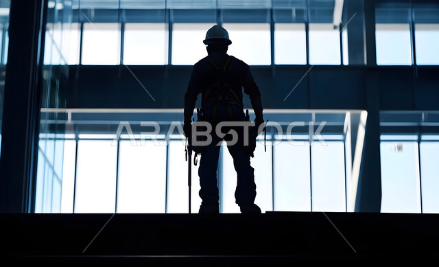 أعمال البناء والمقاولات والتطوير العقاري، إنشاء الأساسات والهياكل للمشروعات السكنية والمصانع، تشييد المباني والمشاريع الضخمة، مهن ووظائف هندسية، صورة ظلية من الخلف لمهندس عربي خليجي سعودي يعمل في موقع البناء، الإشراف على سير خطة العمل
