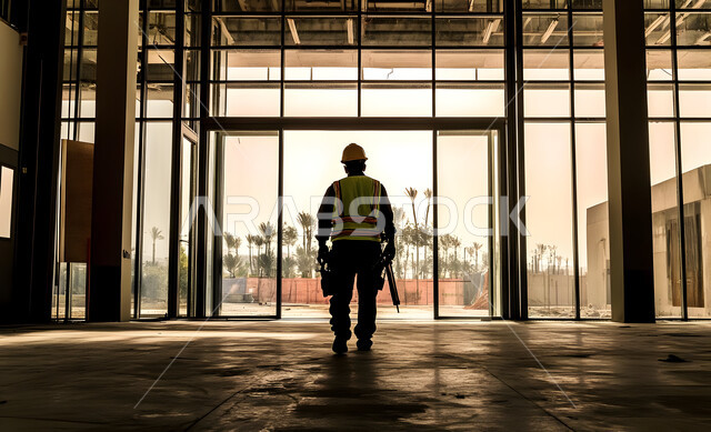 أعمال البناء والمقاولات والتطوير العقاري، إنشاء الأساسات والهياكل للمشروعات السكنية والمصانع، تشييد المباني والمشاريع الضخمة، مهن ووظائف هندسية، صورة ظلية من الخلف لمهندس عربي خليجي سعودي يعمل في موقع البناء، الإشراف على سير خطة العمل