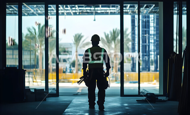 أعمال البناء والمقاولات والتطوير العقاري، إنشاء الأساسات والهياكل للمشروعات السكنية والمصانع، تشييد المباني والمشاريع الضخمة، مهن ووظائف هندسية، صورة ظلية من الخلف لمهندس عربي خليجي سعودي يعمل في موقع البناء، الإشراف على سير خطة العمل