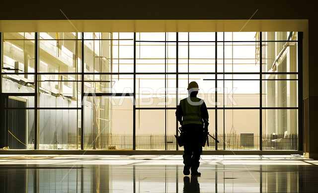 أعمال البناء والمقاولات والتطوير العقاري، إنشاء الأساسات والهياكل للمشروعات السكنية والمصانع، تشييد المباني والمشاريع الضخمة، مهن ووظائف هندسية، صورة ظلية من الخلف لمهندس عربي خليجي سعودي يعمل في موقع البناء، الإشراف على سير خطة العمل