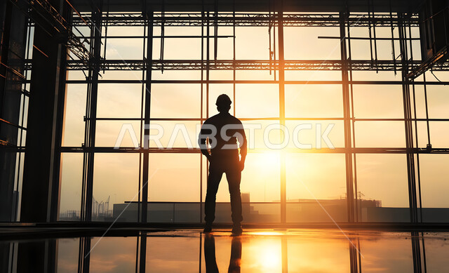 أعمال البناء والمقاولات والتطوير العقاري، إنشاء الأساسات والهياكل للمشروعات السكنية والمصانع، تشييد المباني والمشاريع الضخمة، مهن ووظائف هندسية، صورة ظلية من الخلف لمهندس عربي خليجي سعودي يعمل في موقع البناء، الإشراف على سير خطة العمل