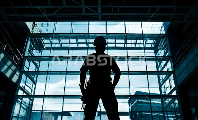 إنشاء الأساسات والهياكل للمشروعات السكنية والمصانع، أعمال البناء والمقاولات والتطوير العقاري، تشييد المباني والمشاريع الضخمة، مهن ووظائف هندسية، صورة ظلية لمهندس عربي خليجي سعودي يعمل في موقع البناء، الإشراف على سير خطة العمل