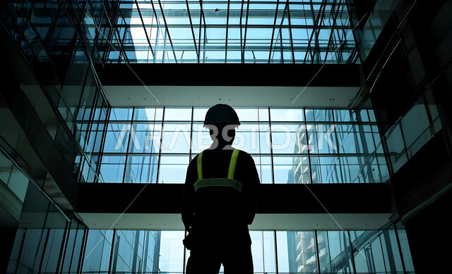 إنشاء الأساسات والهياكل للمشروعات السكنية والمصانع، أعمال البناء والمقاولات والتطوير العقاري، تشييد المباني والمشاريع الضخمة، مهن ووظائف هندسية، صورة ظلية لمهندس عربي خليجي سعودي يعمل في موقع البناء، الإشراف على سير خطة العمل