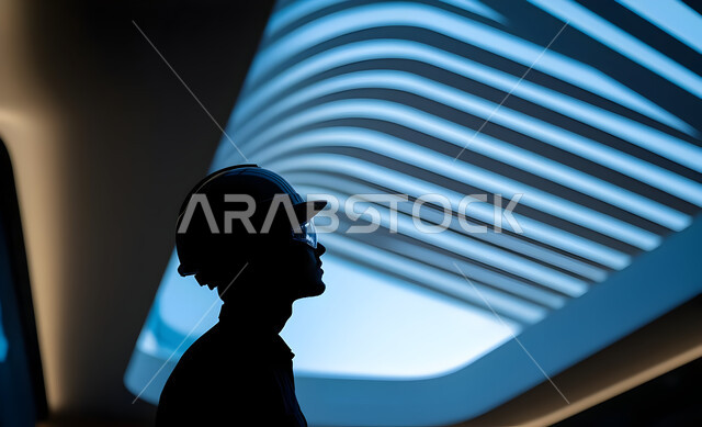 الإشراف على سير خطة العمل, إنشاء الأساسات والهياكل للمشروعات السكنية والمصانع، أعمال البناء والمقاولات والتطوير العقاري، تشييد المباني والمشاريع الضخمة، مهن ووظائف هندسية، صورة ظلية من الجانب لمهندس عربي خليجي سعودي يعمل في موقع البناء