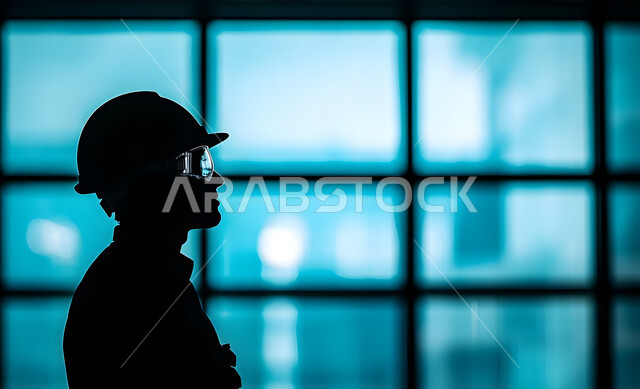 Supervising the progress of the work plan, creating foundations and structures for residential projects and factories, construction, contracting and real estate development work, construction of buildings and huge projects, engineering professions and jobs, a silhouette from the side of a Saudi Gulf Arab engineer working on the construction site