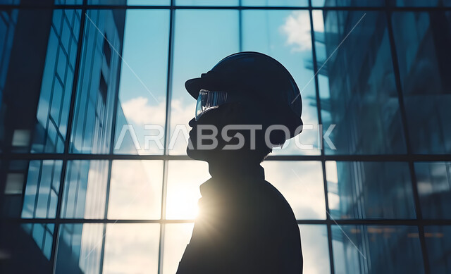 الإشراف على سير خطة العمل, إنشاء الأساسات والهياكل للمشروعات السكنية والمصانع، أعمال البناء والمقاولات والتطوير العقاري، تشييد المباني والمشاريع الضخمة، مهن ووظائف هندسية، صورة ظلية من الجانب لمهندس عربي خليجي سعودي يعمل في موقع البناء