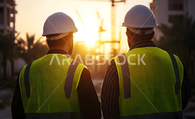 Project monitoring and supervision, reviewing and amending construction plans, two Saudi Arabian Gulf engineers wearing helmets and protective vests, project management from the work site, achieving the urban revolution, development of construction engineering in Saudi Arabia, professions and jobs in the Kingdom
