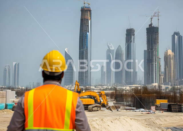 Development and growth of the engineering sector in the Kingdom, supervising projects on the work site, a picture from the back of a young Saudi Arabian Gulf civil engineer wearing a protective jacket and helmet, Saudi engineering professions and jobs, drilling and construction machines at the construction site
