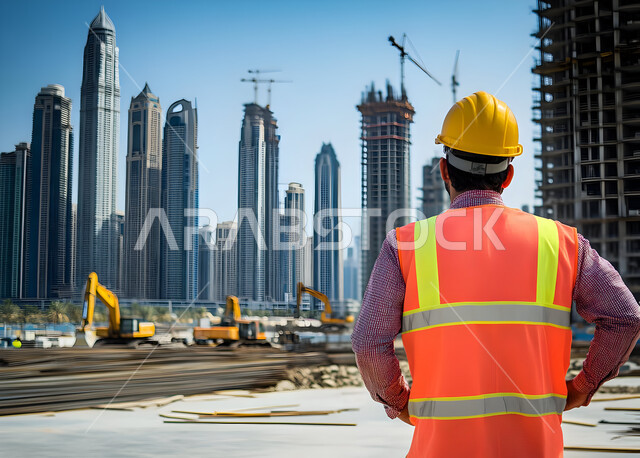 Development and growth of the engineering sector in the Kingdom, supervising projects on the work site, a picture from the back of a young Saudi Arabian Gulf civil engineer wearing a protective jacket and helmet, Saudi engineering professions and jobs, drilling and construction machines at the construction site