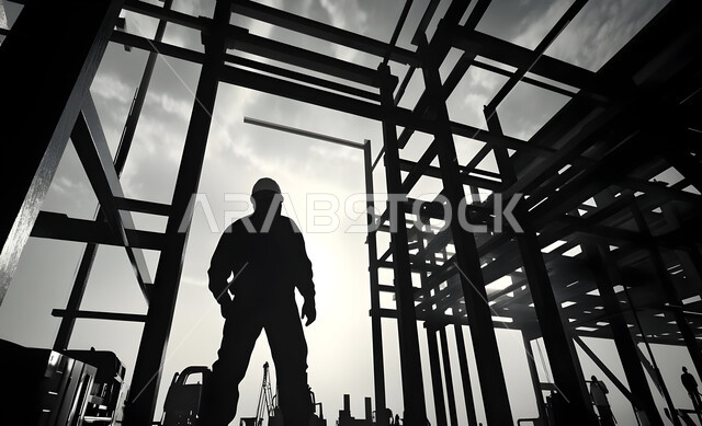 Supervising the progress of the work plan, establishing foundations and structures for residential projects and factories, construction, contracting and real estate development work, construction of buildings and huge projects, engineering professions and jobs, a black and white silhouette from the back of a Saudi Gulf Arab engineer working on the construction site